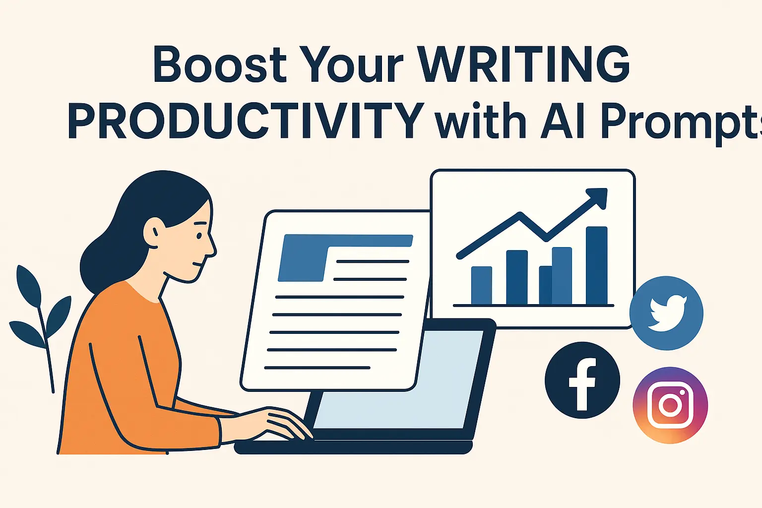 AI prompts for content writers showing productivity boost with blog writing, SEO content, and social media prompt examples