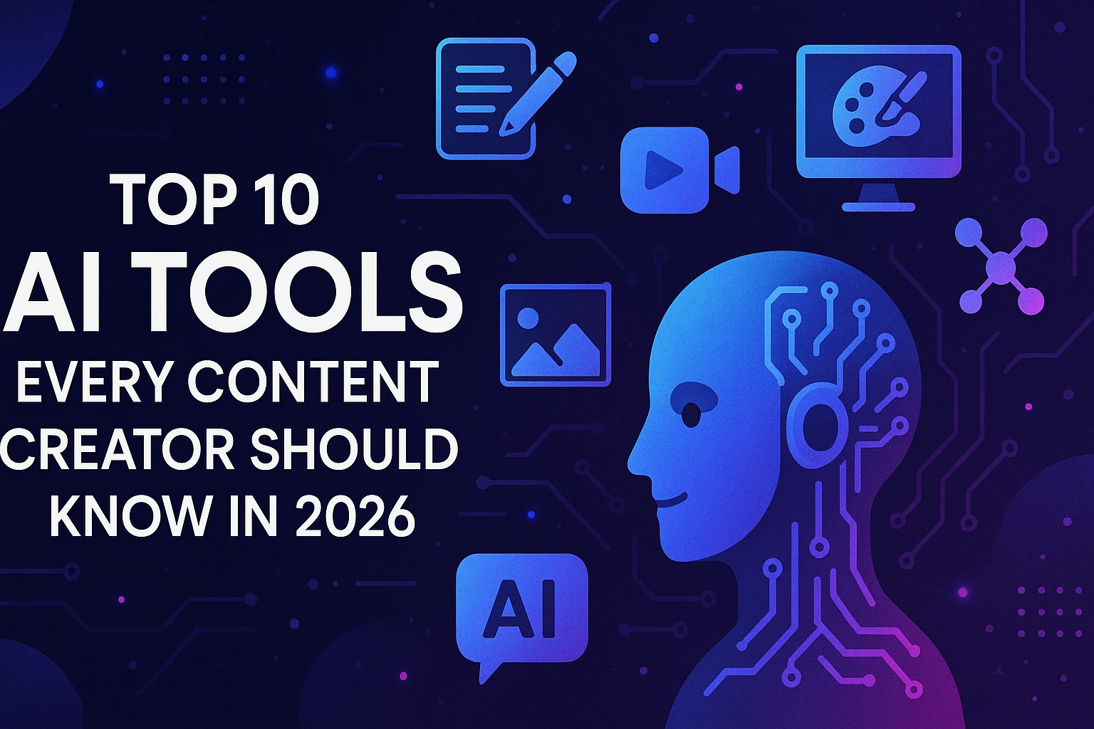 Top 10 AI tools for content creators including ChatGPT, Midjourney, Descript, and other leading platforms